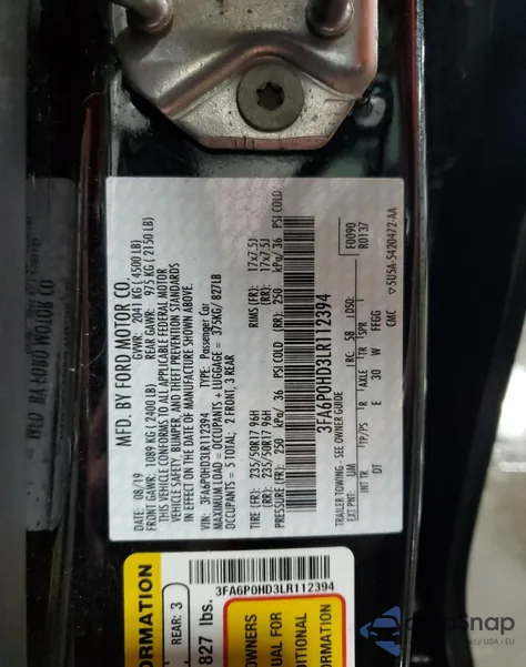 2020 Ford Fusion Se z USA, uszkodzony, nr VIN 3FA6P0HD3LR112394